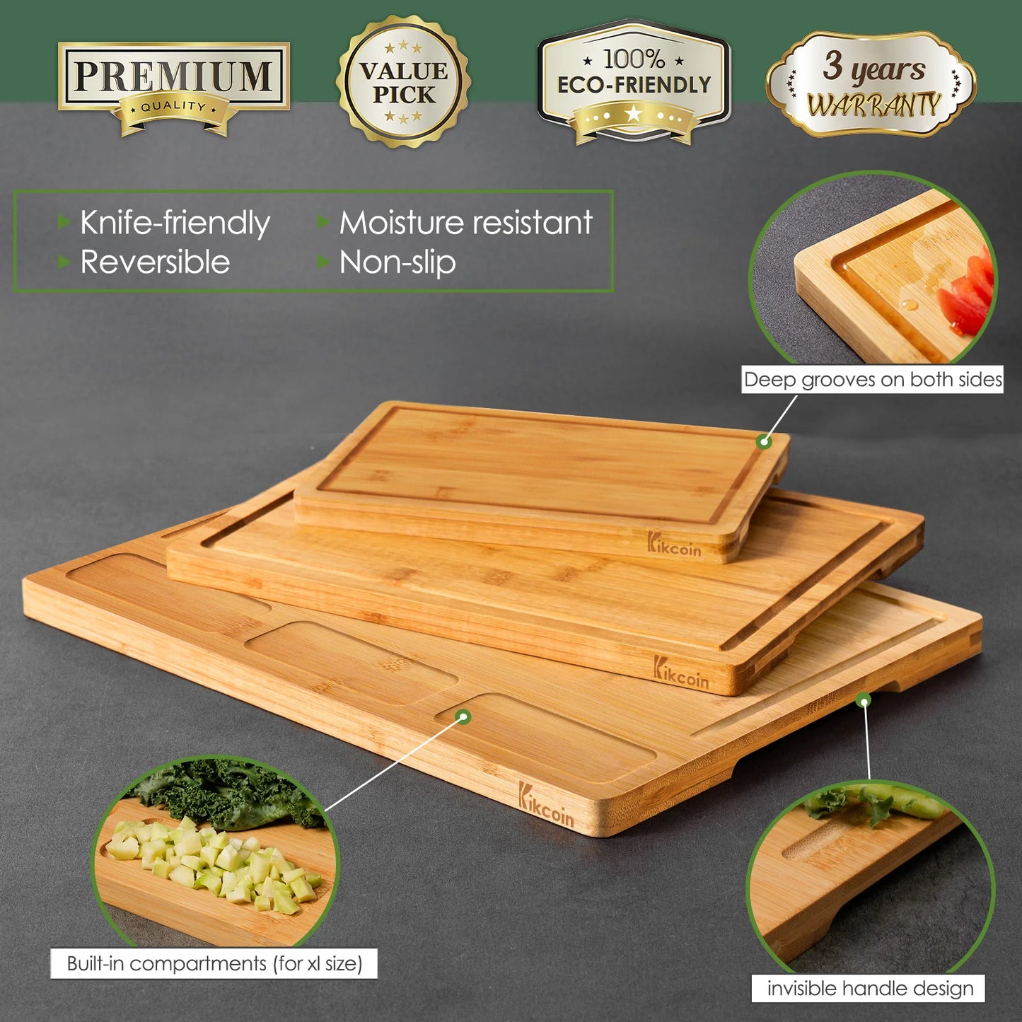 FREE SHIPPING! 3-Piece Bamboo Cutting Board Set – Built-In Compartments & Juice Groove for Effortless Meal Prep!