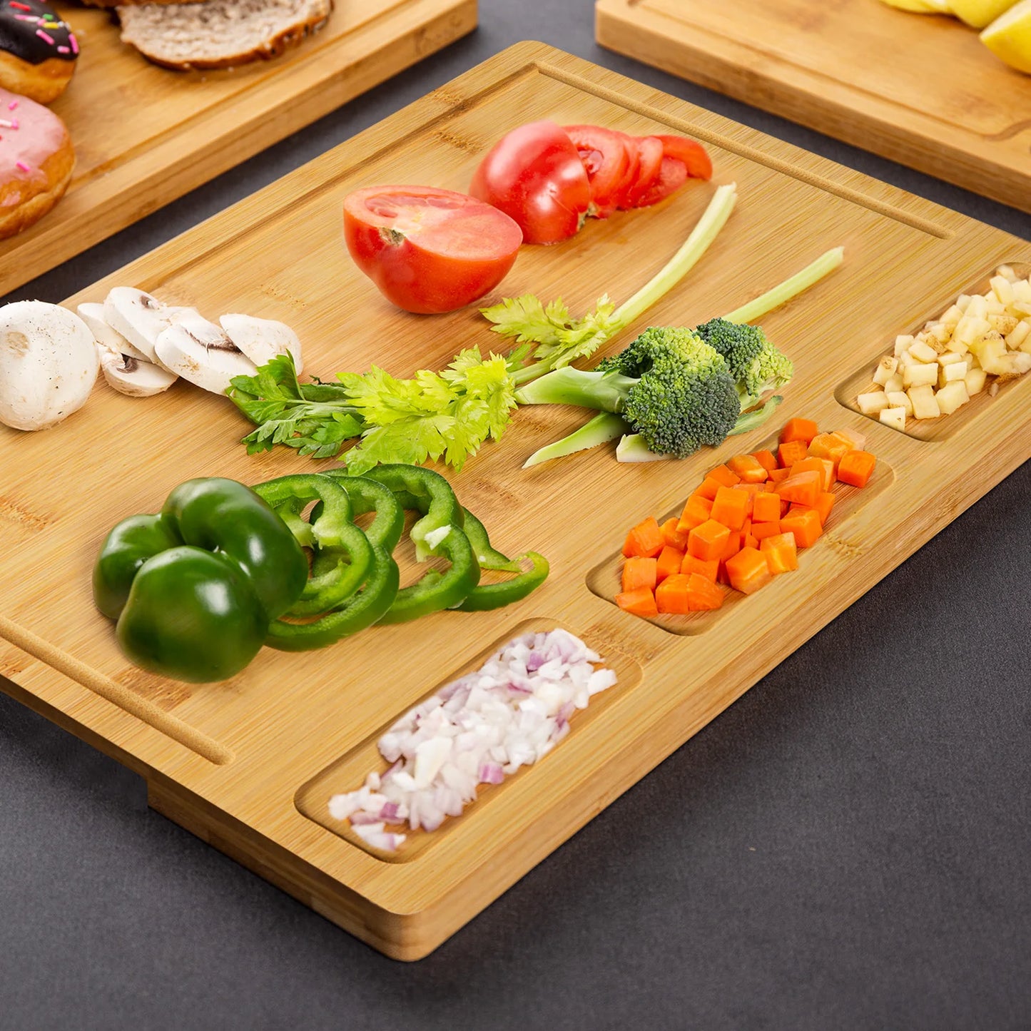 FREE SHIPPING! 3-Piece Bamboo Cutting Board Set – Built-In Compartments & Juice Groove for Effortless Meal Prep!