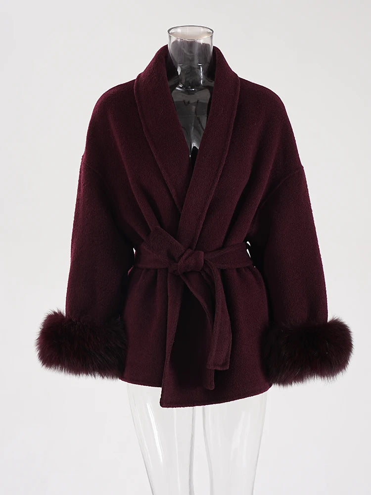 Elegant Fur Patchwork Woolen Coat