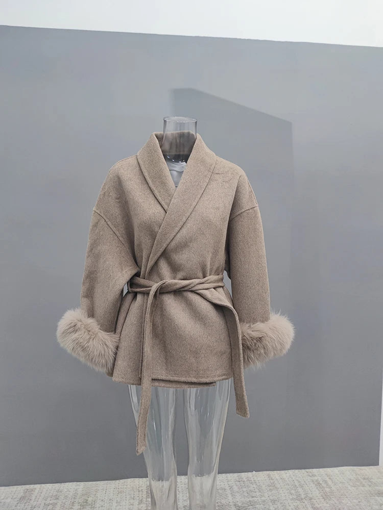 Elegant Fur Patchwork Woolen Coat