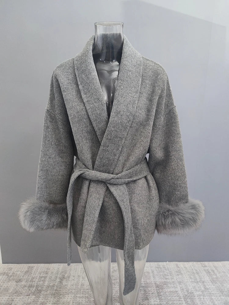 Elegant Fur Patchwork Woolen Coat