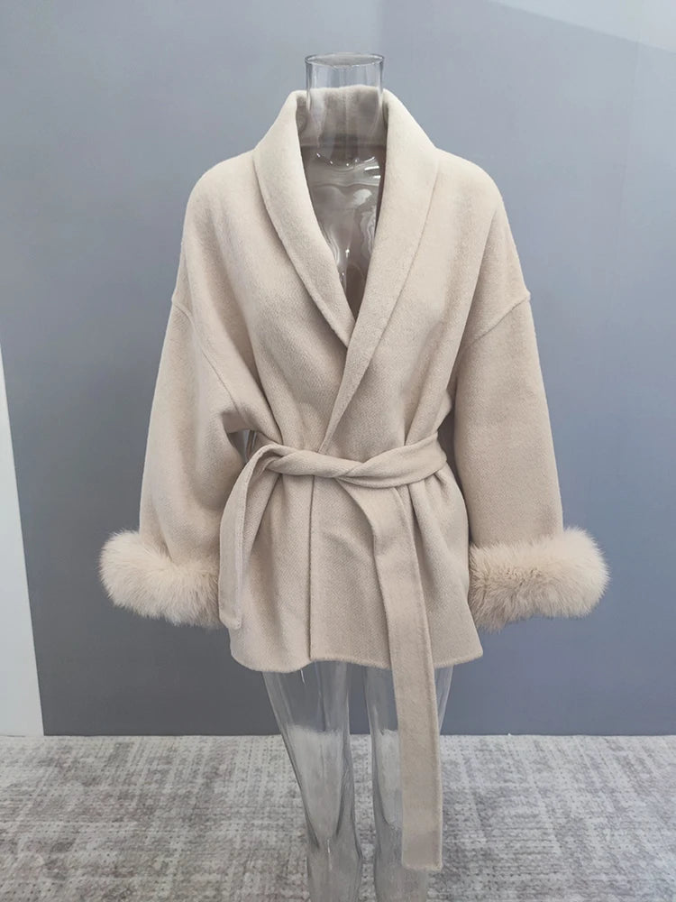 Elegant Fur Patchwork Woolen Coat