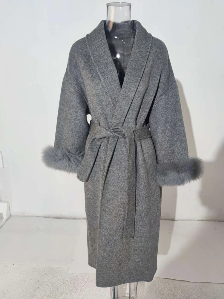 Elegant Fur Patchwork Woolen Coat