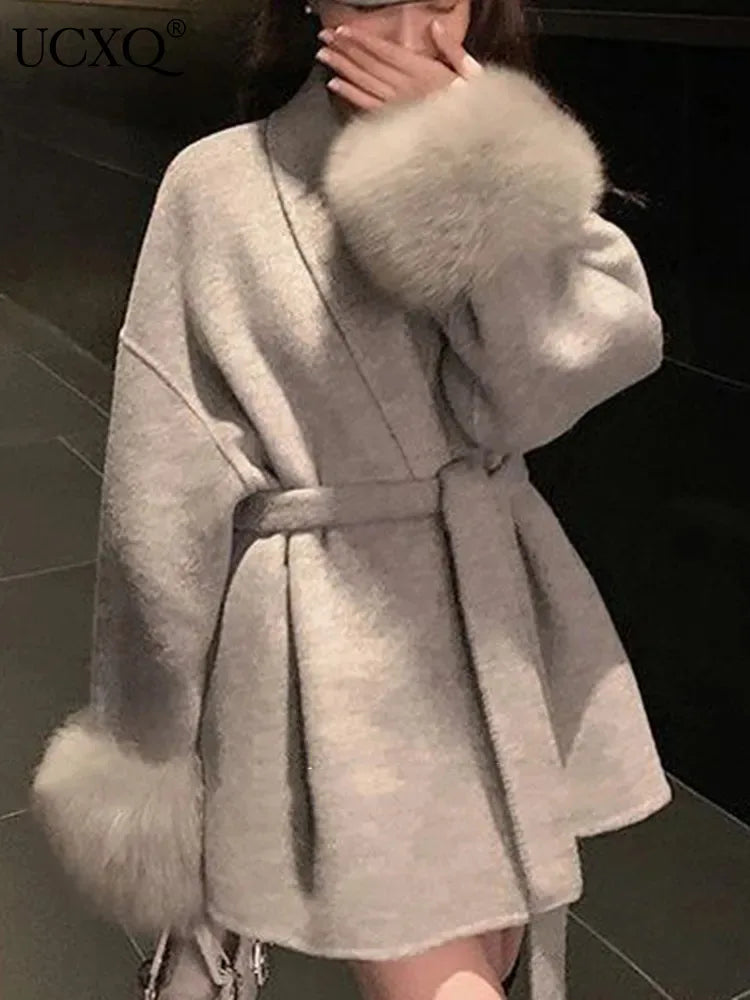 Elegant Fur Patchwork Woolen Coat