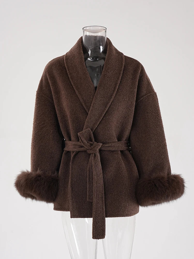 Elegant Fur Patchwork Woolen Coat