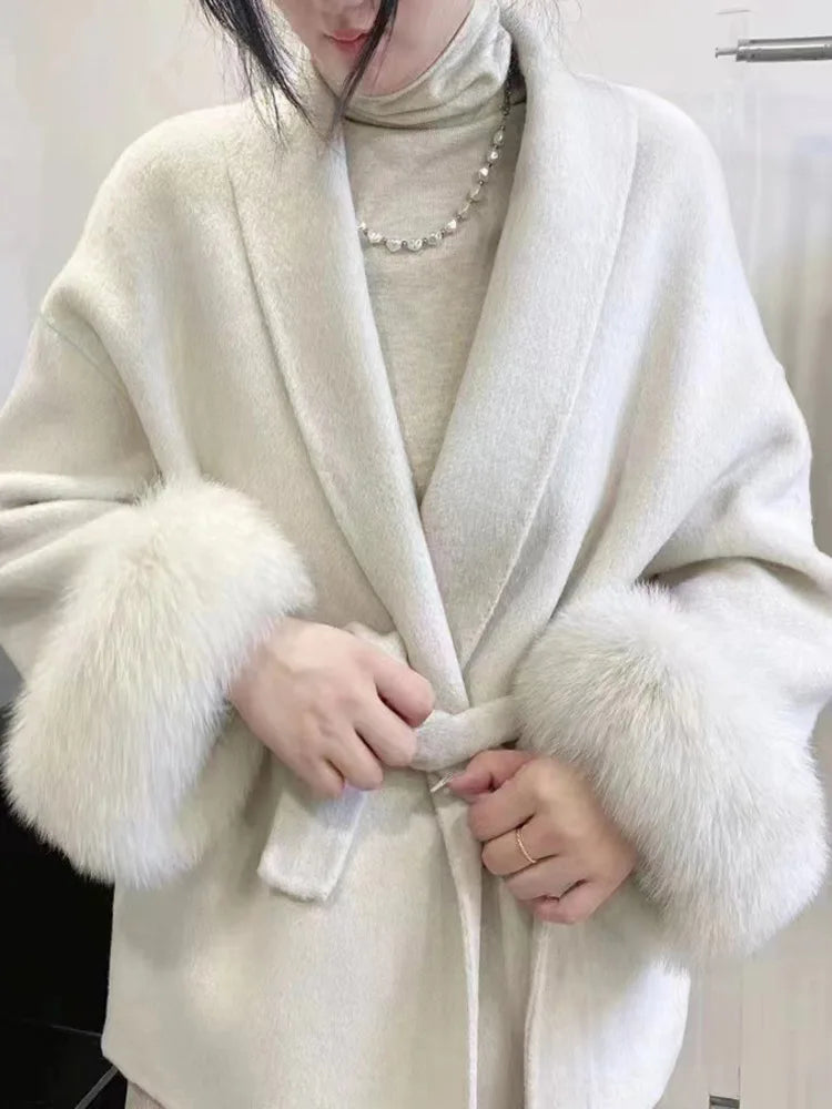 Elegant Fur Patchwork Woolen Coat