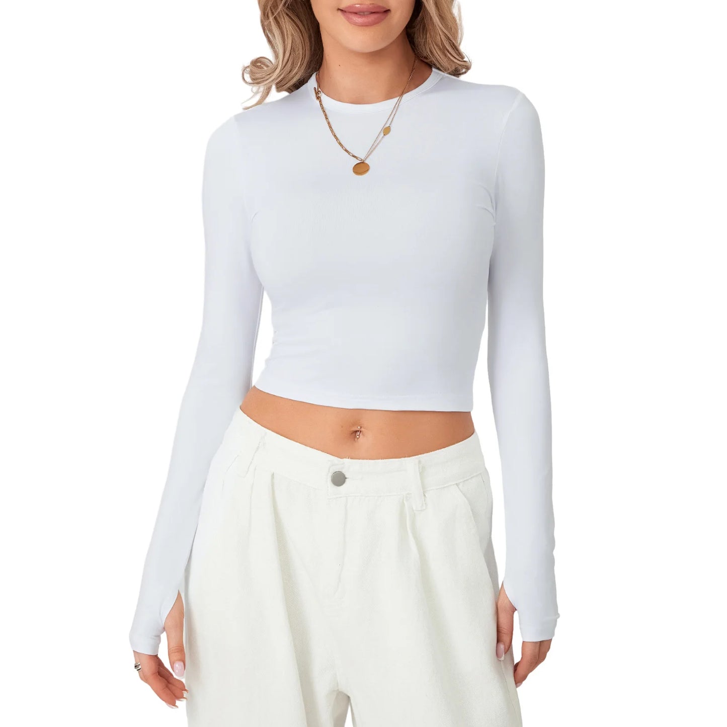 Women’s Long Sleeve Crop Top with Thumb Holes – Stylish Crew Neck Fit Tee for Daily Streetwear Fashion!