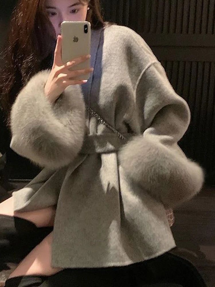 Elegant Fur Patchwork Woolen Coat